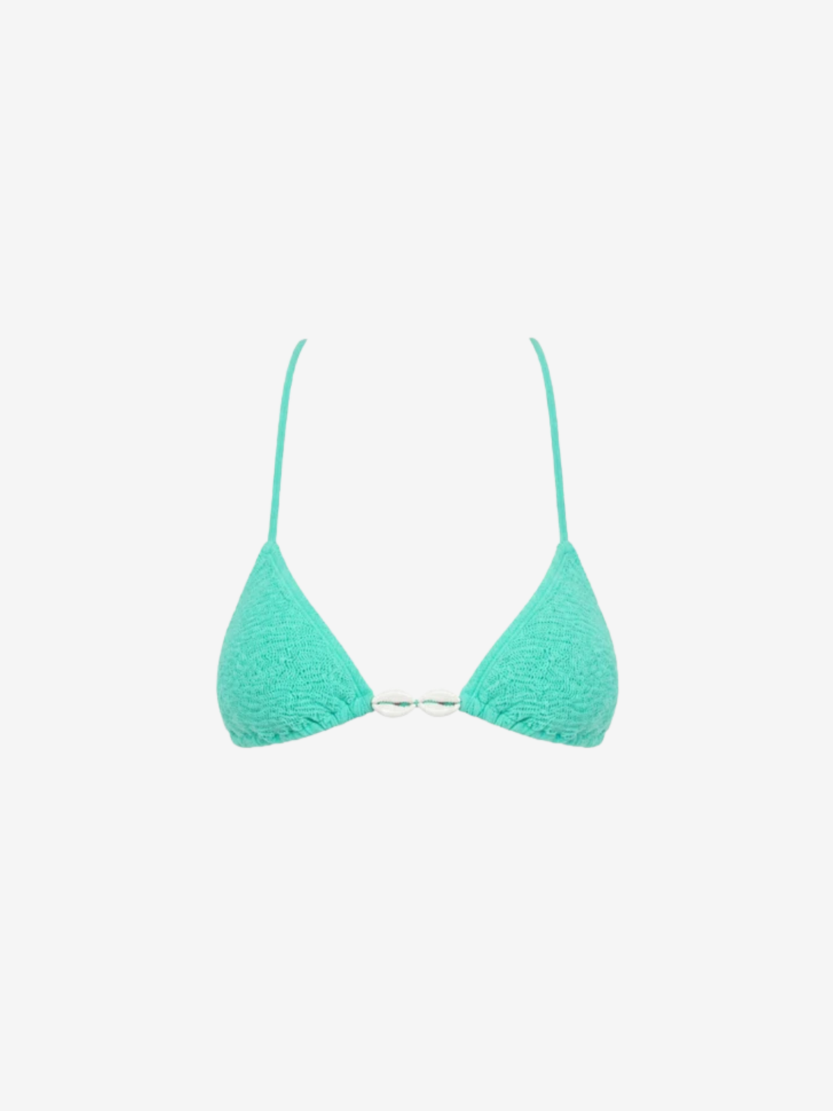 A light turquoise green textured triangle bikini top with thin shoulder straps and a small white shell detail at the center, displayed on a clean white background.