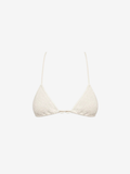 An off-white textured triangle bikini top with thin shoulder straps and a small center clasp, displayed against a solid off-white background.