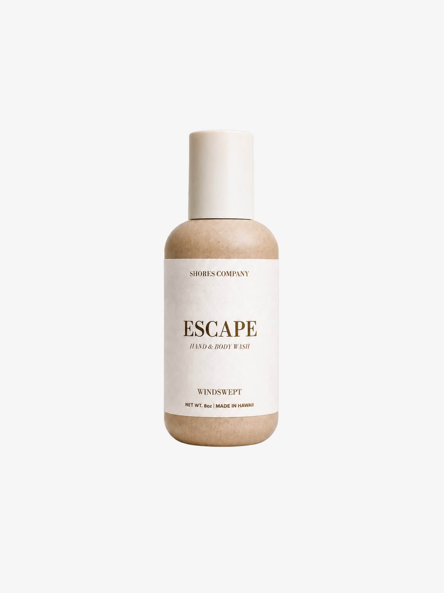 A bottle of Shores Company Escape Hand & Body Wash, Windwept scent, centered on a clean white background.