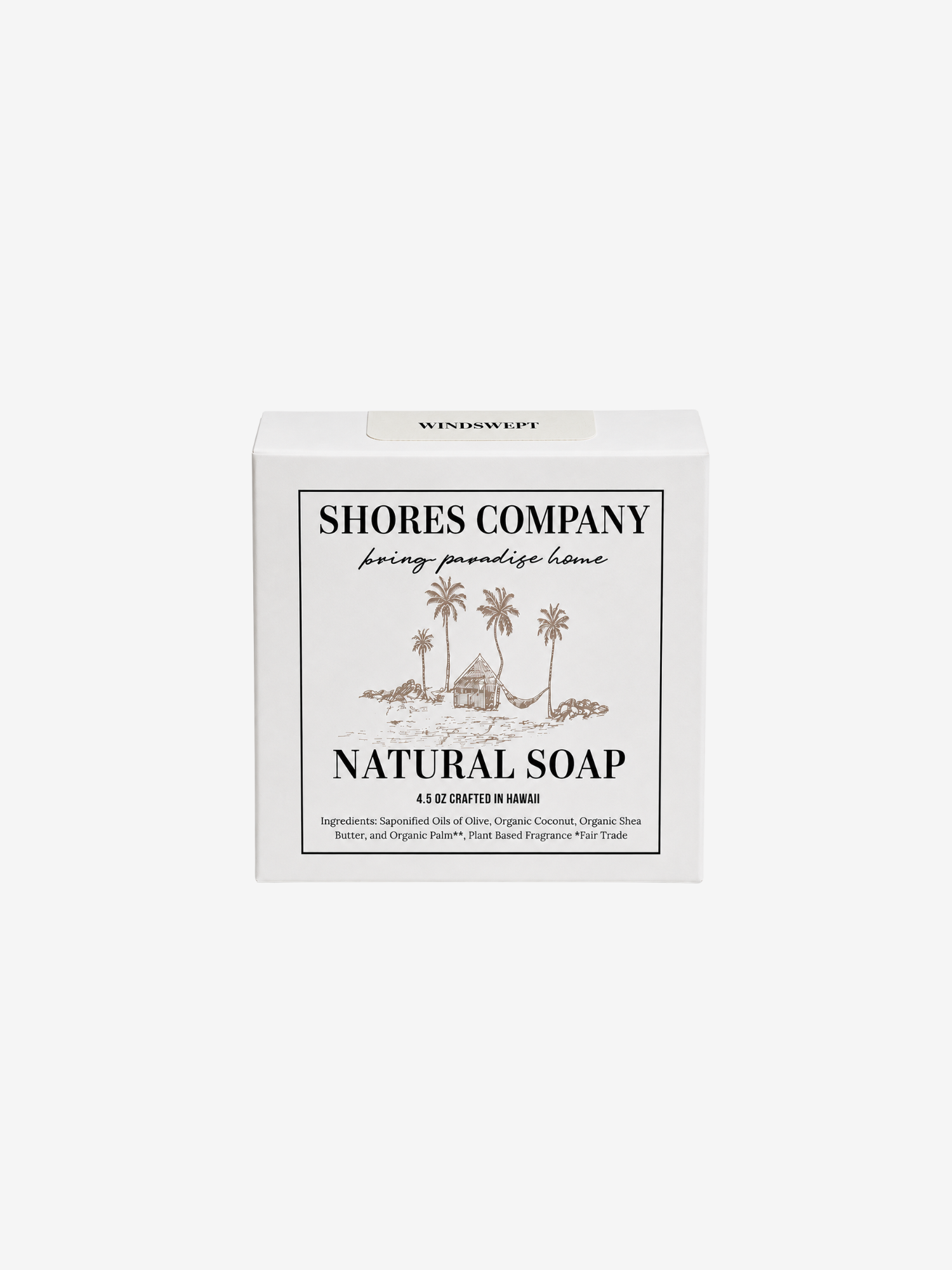 A white rectangular box of Shores Company Natural Soap, featuring a central black-bordered label with a palm tree illustration and the text 'NATURAL SOAP' and 'bring paradise home'.